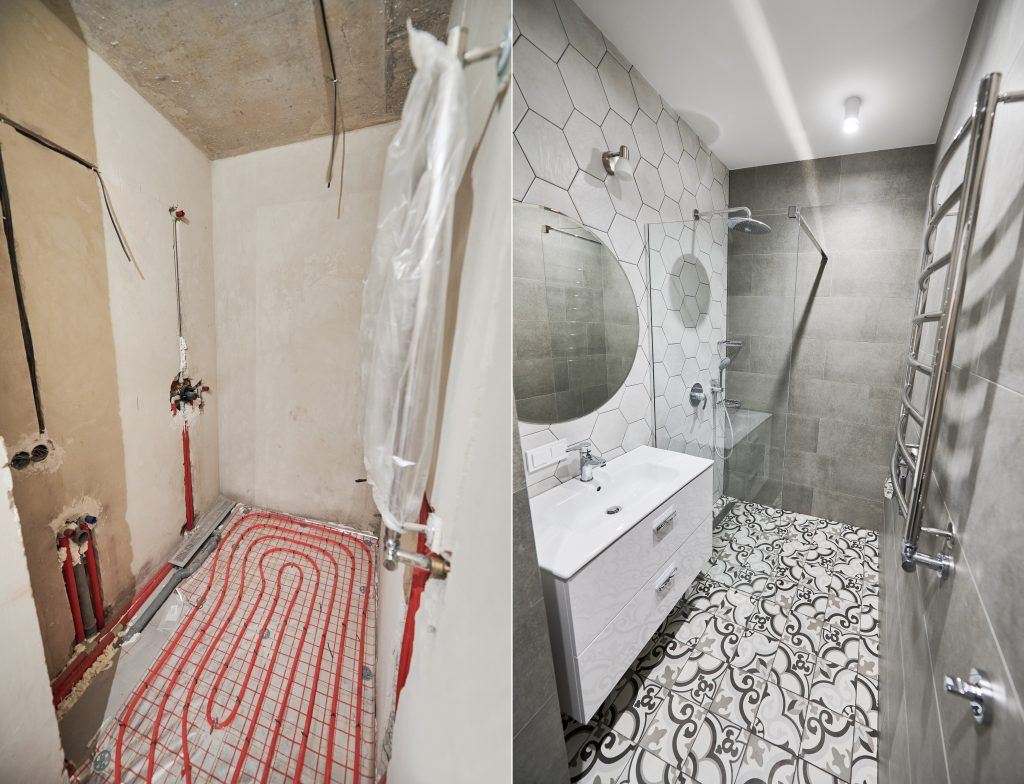 Photo collage of apartment bathroom before and after restoration. Comparison of old room with underfloor heating pipes and new renovated restroom with sink, shower, mirror and towel dryer.